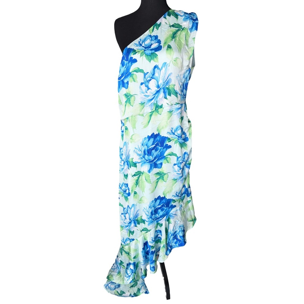 Lulu's Blue & Green One-Shoulder Floral Asymmetrical Dress